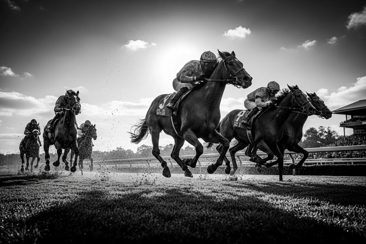 Thoroughbreds racing down the straight during a night meeting